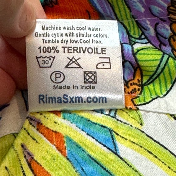 Rima Shirt Men XL Parrot Tropical White Blue Button Front Hawaiian Palm Tree - Picture 6 of 9